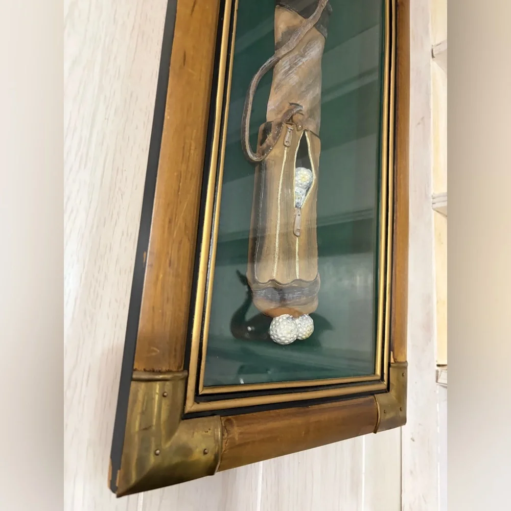 Vintage 1950s 3D Golf Shadow Box Wall Display in Wood & Brass Frame